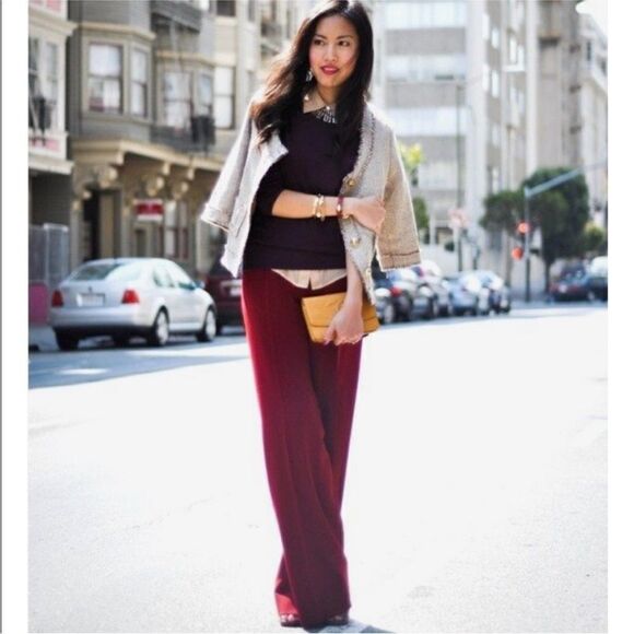 Revolve St. John Burgundy Cherry Santana Knit Wide Leg Pants Trousers